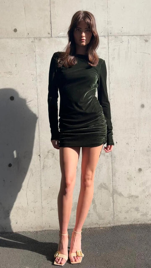 Image of Dresses. Product name - Green Velvet Open Back Mini Dress in Bottle Green colour by brand - MINKPINK