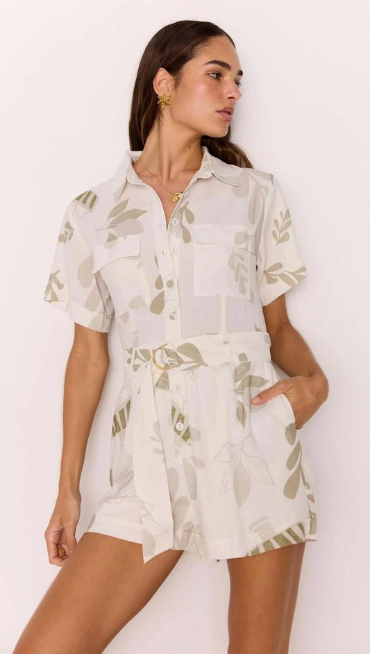 Image of Bodysuits. Product name - White & Sage Leaf Print Playsuit in White/Sage Leaf colour by brand - MINKPINK