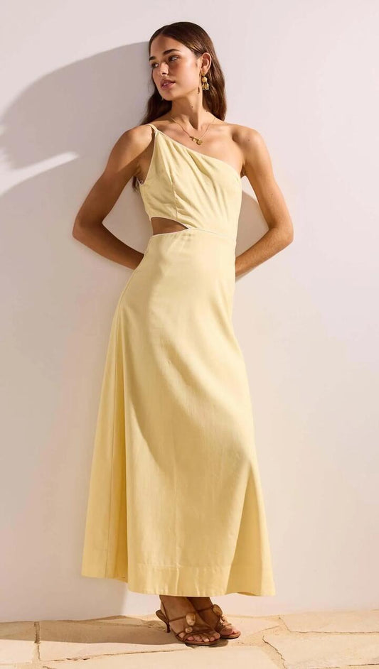 Image of Dresses. Product name - Butter Yellow Asymmetric Cut Out Maxi Dress in Pale Yellow colour by brand - MINKPINK