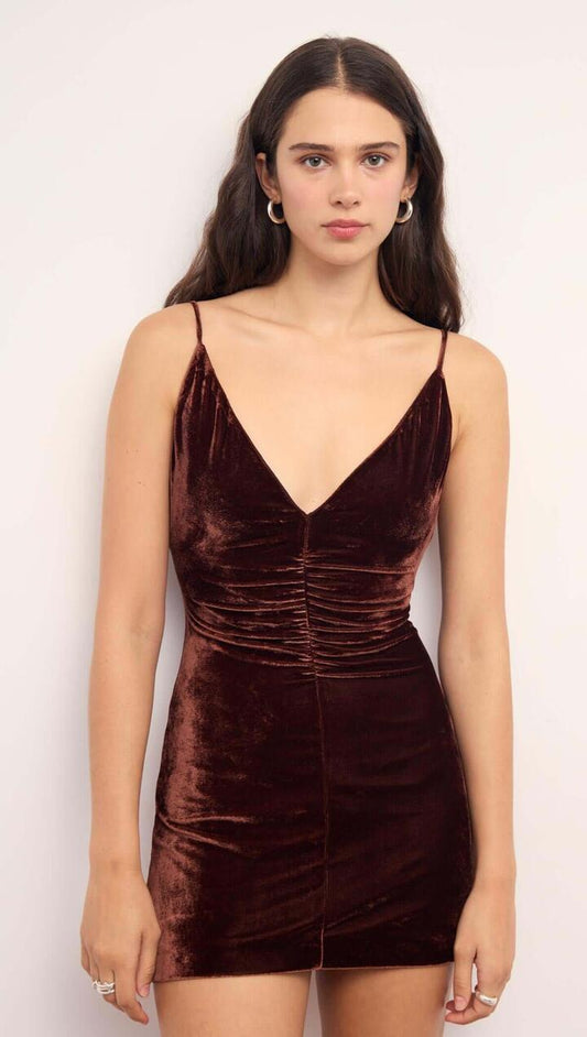 Image of Dresses. Product name - Chocolate Velvet V-Neck Mini Dress in Chocolate colour by brand - MINKPINK