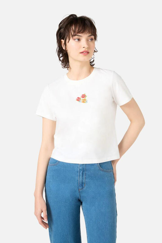 Image of a model wearing Tops. Productname: Floral Embroidered Baby Tee in Cream colour by brand - Princess Highway