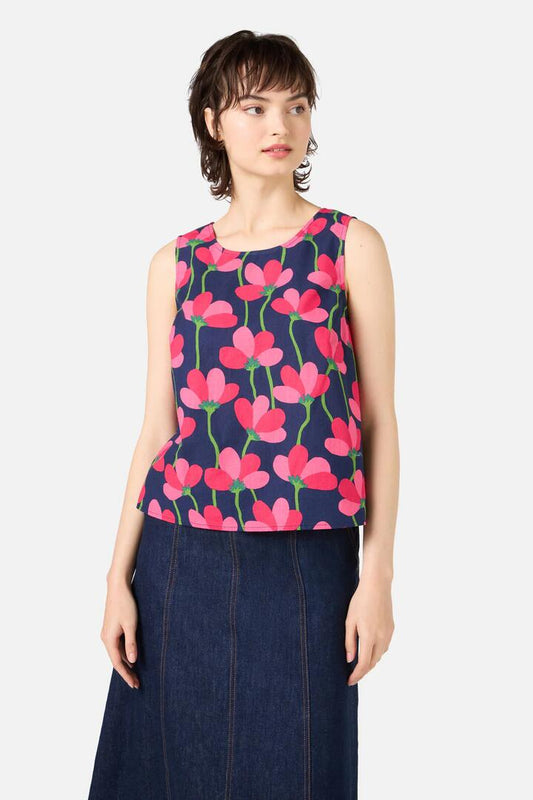 Image of a model wearing Tops. Productname: Lulu Flower Shell Top in Navy colour by brand - Princess Highway