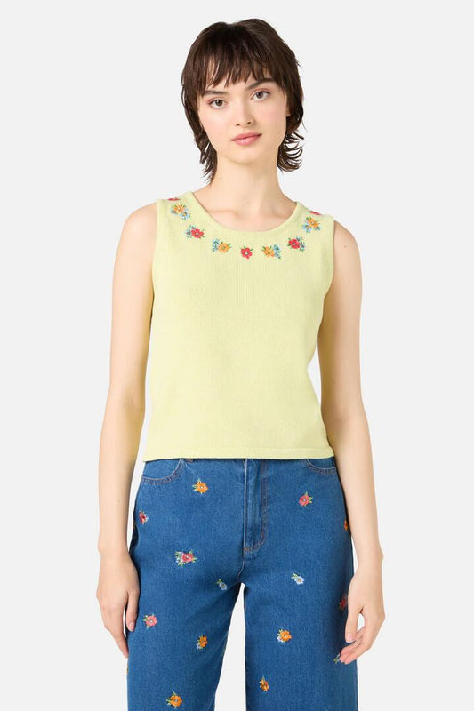 Image of a model wearing Tops. Productname: Floral Embroidered Knit Tank in Soft Green colour by brand - Princess Highway