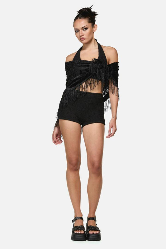 Image of Accessories. Productname: Velvet Paisley Tassel Scarf in Black colour by brand - Dangerfield