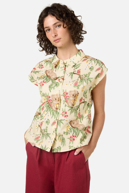 Image of a model wearing Tops. Productname: Koala Sleeveless Shirt in Lemon colour by brand - Princess Highway