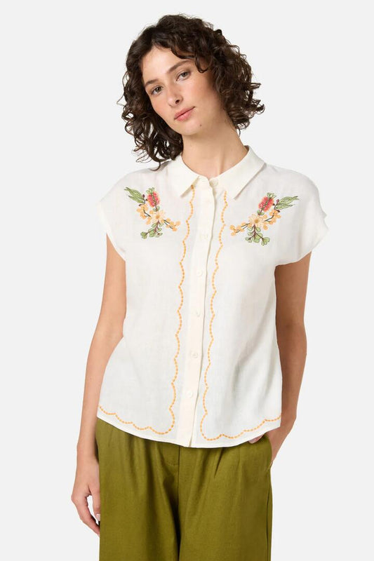 Image of a model wearing Tops. Productname: Native Flora Embroidered Shirt in Cream colour by brand - Princess Highway