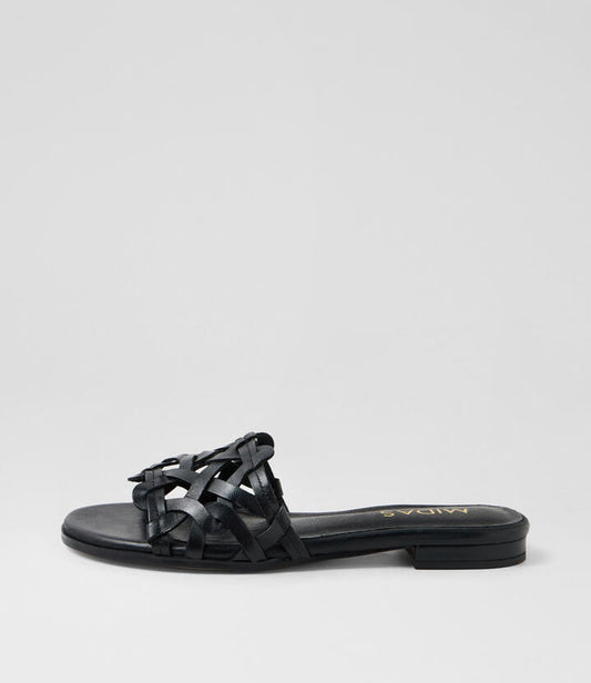 Image of Slippers. Productname: Kamsay Black Leather Slides in BLACK colour by brand - MIDAS
