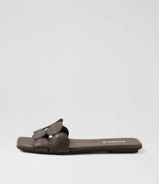 Image of Slippers. Productname: Eska Choc Leather Slides in Choc colour by brand - MIDAS
