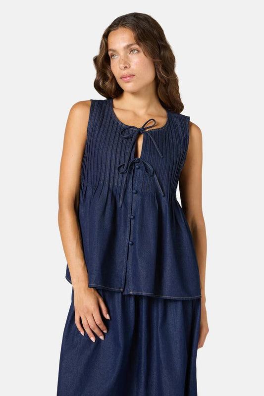 Image of a model wearing Tops. Product name - Gabrielle Chambray Top in Indigo colour by brand - Gorman