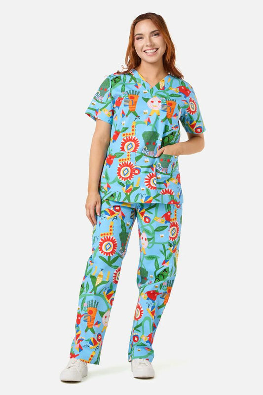 Image of a model wearing Uniforms & Workwear. Product name - Veggie Parade Scrub Set in Blue colour by brand - Gorman