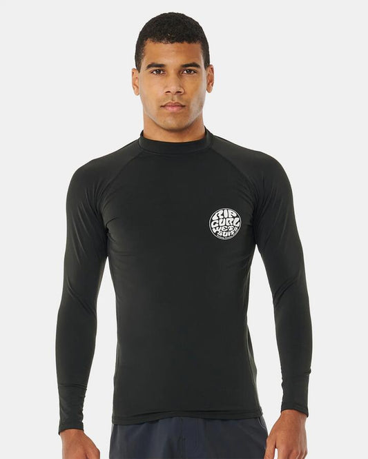 Image of a model wearing Tops. Productname: rip Curl Mens Icons Upf 50+ Brushed Long Sleeve Rash Vest Black - in Black colour by brand - rip Curl