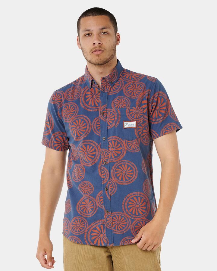 Image of a model wearing Tops. Productname: rip Curl - Mens Mod Cali Short Sleeve Shirt - Navy - in Navy colour by brand - rip Curl