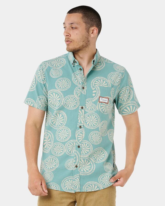 Image of a model wearing Tops. Productname: rip Curl - Mens Mod Cali Short Sleeve Shirt - Blue Slate - in Blue Slate colour by brand - rip Curl