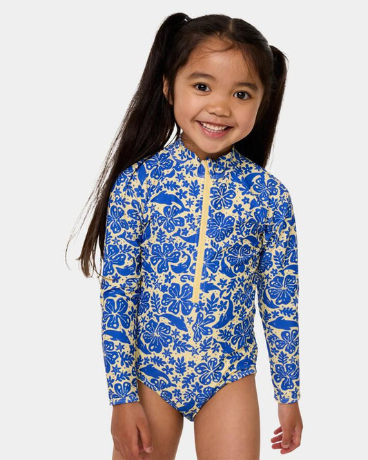 Image of a model wearing Tops. Product name - Rip Curl Girls 0-7 Sun And Swell Long Sleeve One Piece Blue in Blue colour by brand - Rip Curl