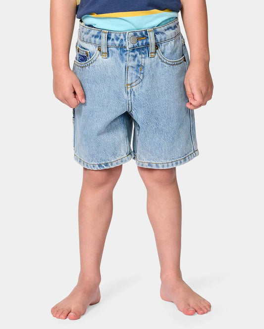 Image of a model wearing Shorts. Productname: rip Curl Boys 0-7 Hyped Up Denim Shorts Washed Blue - in Washed Blue colour by brand - rip Curl