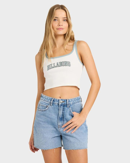 Image of a model wearing Tops. Productname: Billabong - Womens Athletic Billa Tank Top - Salt Crystal - in Salt Crystal colour by brand - Billabong