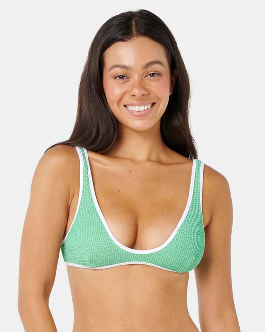 Image of a model wearing Tops. Product name - Rip Curl Womens Luxe Surf Bralette Bikini Top Irish Green Solid in Irish Green - Solid colour by brand - Rip Curl
