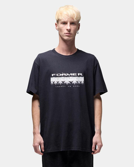 Image of a model wearing Tops. Productname: former Mens Quaver T-Shirt Washed Black - in Washed Black colour by brand - Former