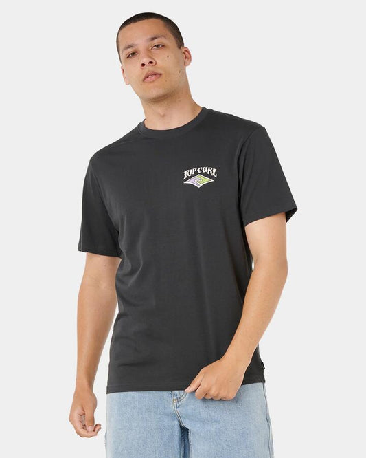 Image of a model wearing Tops. Productname: rip Curl Mens Dazed And Tubed T-Shirt Washed Black - in Washed Black colour by brand - rip Curl