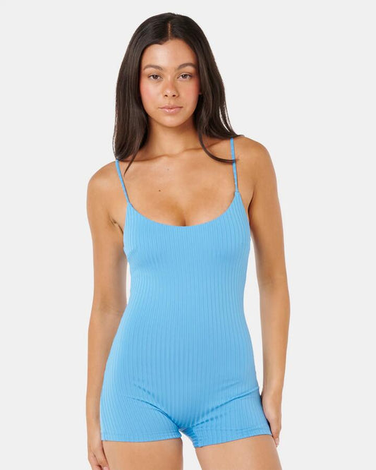 Image of a model wearing Shorts. Productname: rip Curl Womens Premium Surf Short Jane One Piece Azure Blue - in Azure Blue colour by brand - rip Curl