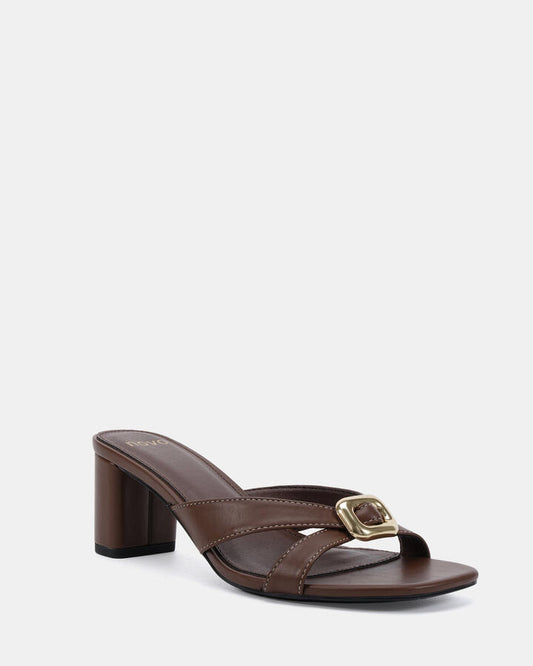 Image of Heels. Productname: Finnegan: Milk Chocolate - Women's Strappy - Low Heel in Midnight colour by brand - Novo