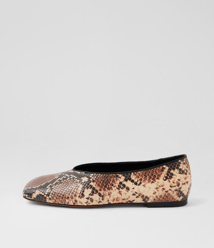 Image of Footwear. Productname: Bevira Brown Snake Leather Ballet Flats in BROWN colour by brand - MOLLINI