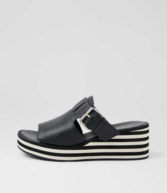 Image of Slippers. Productname: Fizzie Black Leather Slides in BLACK colour by brand - MIDAS