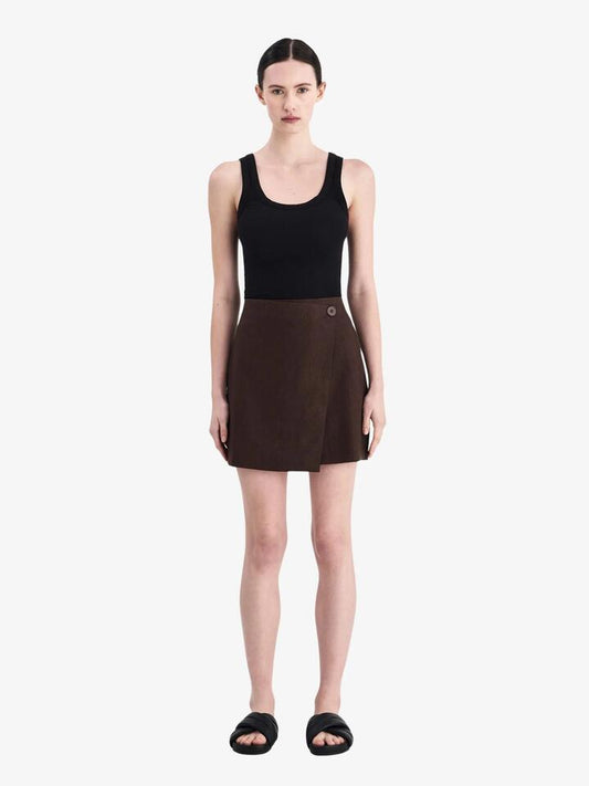 Image of a model wearing Skirts. Productname: Nude Lucy Thilda Linen Skirt in Chocolate colour by brand - Nude Lucy