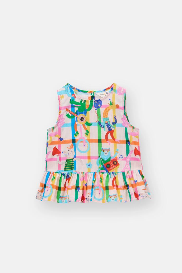 Image of a model wearing Tops. Product name - Lets Go Check Kids Frill Top in Multi colour by brand - Gorman