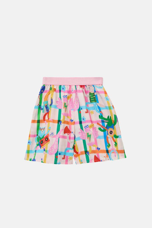 Image of a model wearing Skirts. Product name - Lets Go Check Kids Skort in Multi colour by brand - Gorman