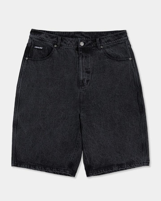 Image of a model wearing Shorts. Productname: santa Cruz Mens Flaming Dice Dot Denim Shorts Washed Black - in Washed Black colour by brand - santa Cruz