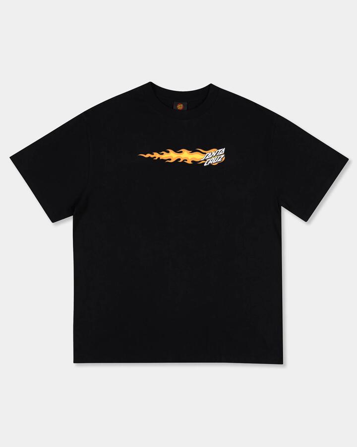 Image of a model wearing Tops. Productname: santa Cruz Mens Flaming Dice Dot Flash T-Shirt Black - in Black colour by brand - santa Cruz