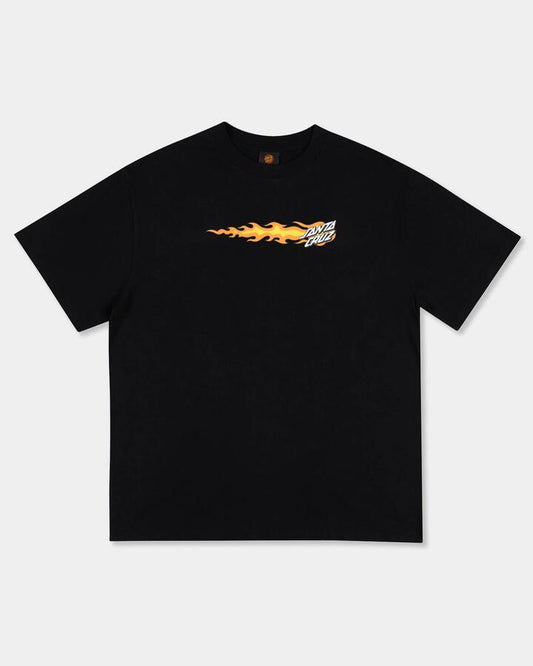 Image of a model wearing Tops. Productname: santa Cruz Mens Flaming Dice Dot Flash T-Shirt Black - in Black colour by brand - santa Cruz