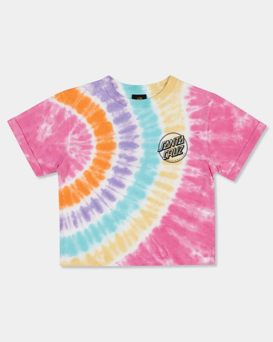 Image of a model wearing Tops. Productname: santa Cruz Girls 8-16 Contra Dot T-Shirt Tie Dye - in Tie Dye colour by brand - santa Cruz