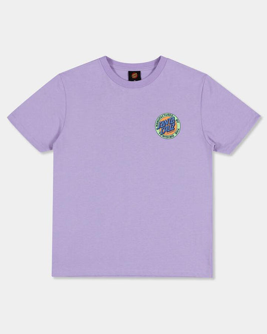 Image of a model wearing Tops. Productname: santa Cruz Girls 8-16 Mfg Retro Dot Reversible T-Shirt Lavender - in Lavender colour by brand - santa Cruz