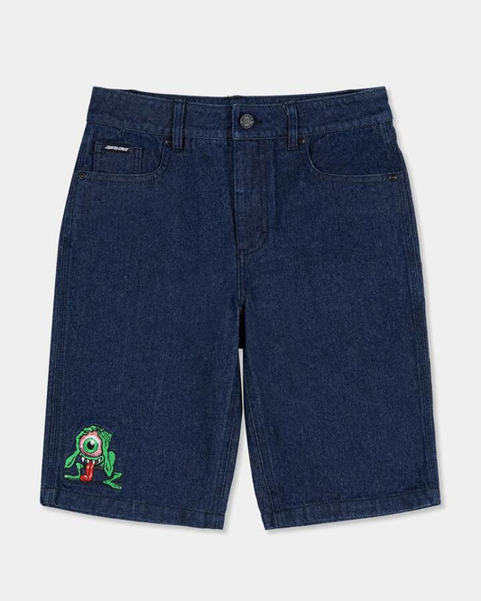 Image of a model wearing Shorts. Product name - Santa Cruz Boys 8-16 Eyegore Denim Shorts Indigo in Indigo colour by brand - Santa Cruz