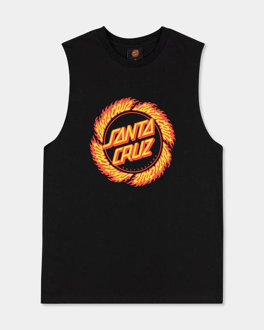 Image of a model wearing Tops. Product name - Santa Cruz Boys 8-16 Flame Ringed Dot Muscle Black in Black colour by brand - Santa Cruz