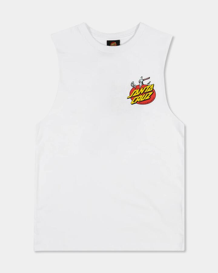 Image of a model wearing Tops. Productname: santa Cruz Boys 8-16 Gremlin Patrol Muscle White - in White colour by brand - santa Cruz