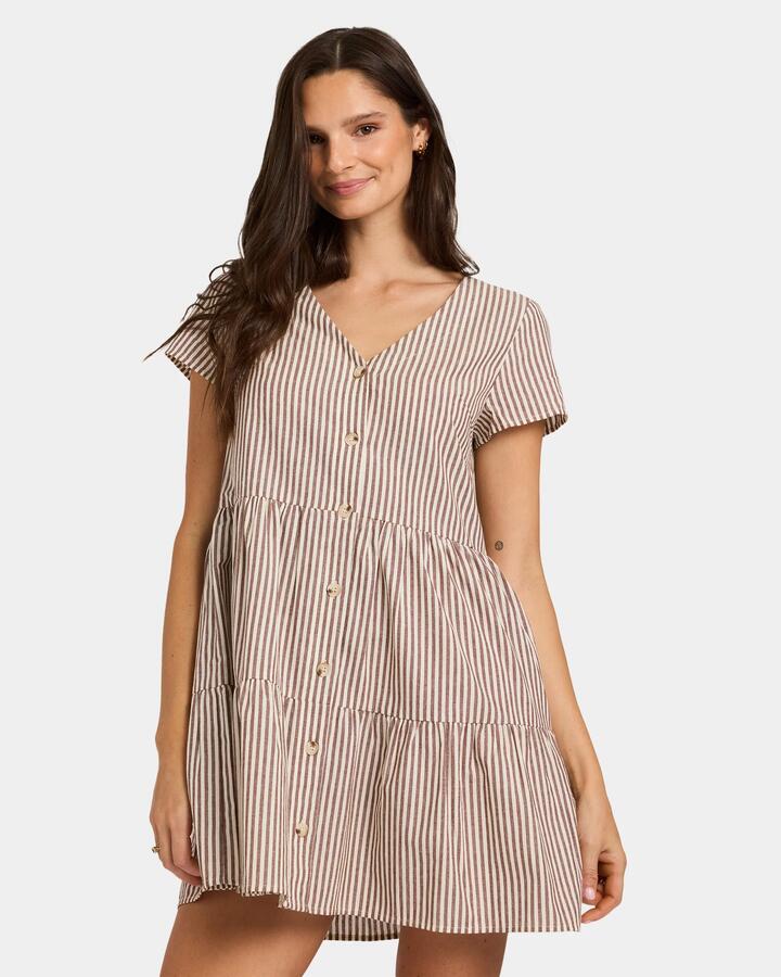 Image of Dresses. Product name - Nunui Womens Braith Stripe Dress Chocolate in Chocolate colour by brand - Nunui