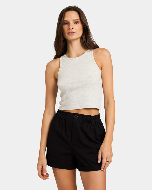 Image of a model wearing Tops. Productname: Nunui Womens Boyfriend Rib Tank Grey Marle - in Grey Marle colour by brand - Nunui