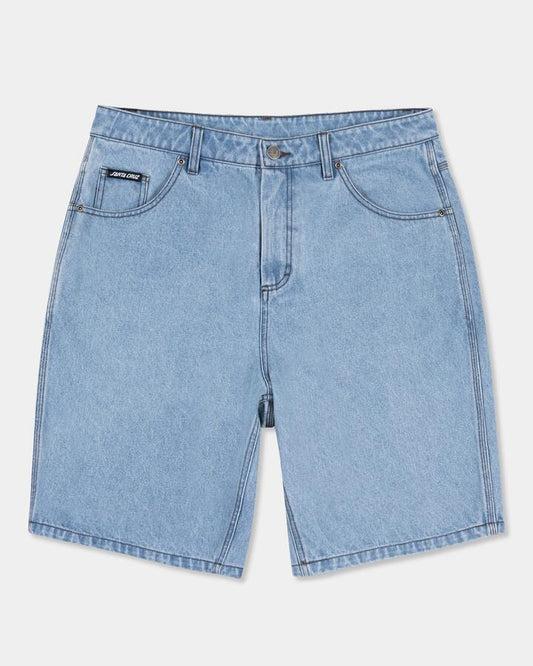 Image of a model wearing Shorts. Product name - Santa Cruz Mens Winkowski 8Baller Arch Denim Shorts Mid Blue in Mid Blue colour by brand - Santa Cruz
