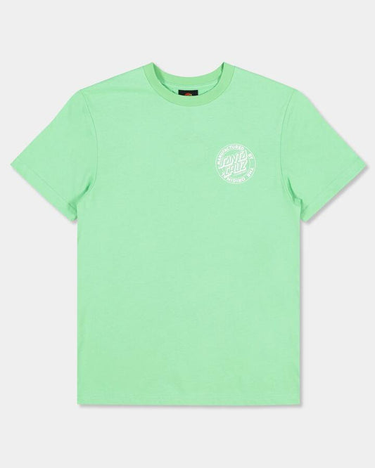 Image of a model wearing Tops. Productname: santa Cruz Boys 8-16 Os Eyegore Mfg T-Shirt Light Green - in Light Green colour by brand - santa Cruz