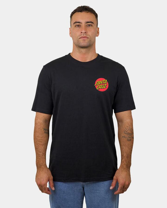 Image of a model wearing Tops. Productname: santa Cruz Mens Classic Dot Chest T-Shirt Black - in Black colour by brand - santa Cruz
