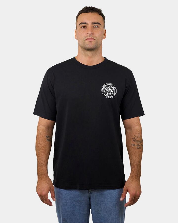 Image of a model wearing Tops. Productname: santa Cruz Mens Os Mfg Dot T-Shirt Black - in Black colour by brand - santa Cruz