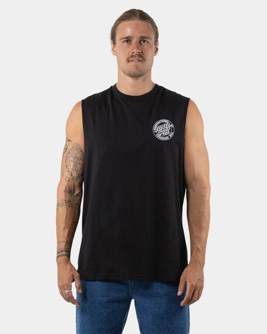 Image of a model wearing Tops. Productname: santa Cruz Mens Os Mfg Dot Muscle Black - in Black colour by brand - santa Cruz