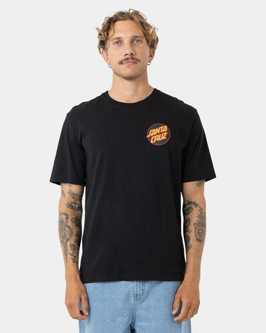 Image of a model wearing Tops. Productname: santa Cruz Mens Descended Dots T-Shirt Black - in Black colour by brand - santa Cruz
