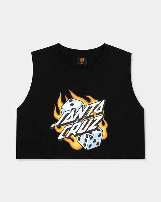 Image of a model wearing Tops. Productname: santa Cruz Girls 8-16 Flaming Dice Dot Muscle Black - in Black colour by brand - santa Cruz