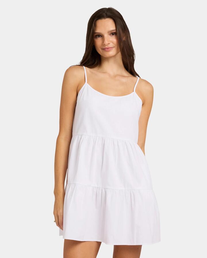 Image of a model wearing Tops. Productname: Nunui Womens Haze Tiered Singlet Dress White - in White colour by brand - Nunui