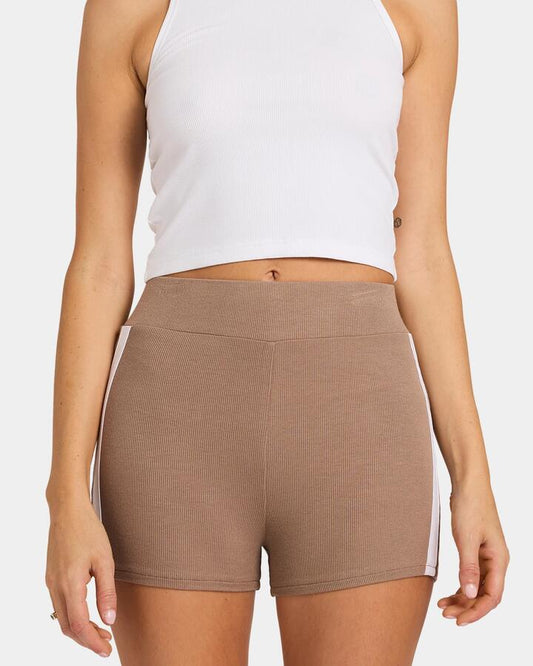 Image of a model wearing Shorts. Productname: Nunui Womens Lucid Dreams Shorts Mocha - in Mocha colour by brand - Nunui
