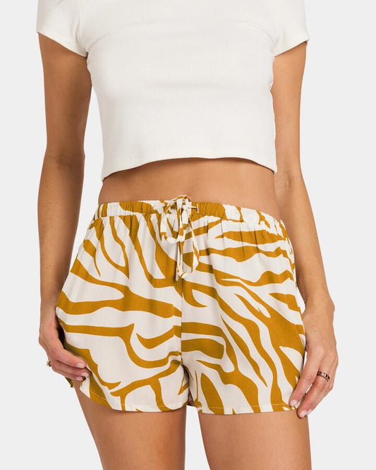Image of a model wearing Shorts. Productname: Nunui Womens Must Love Cats Short Mustard - in Mustard colour by brand - Nunui